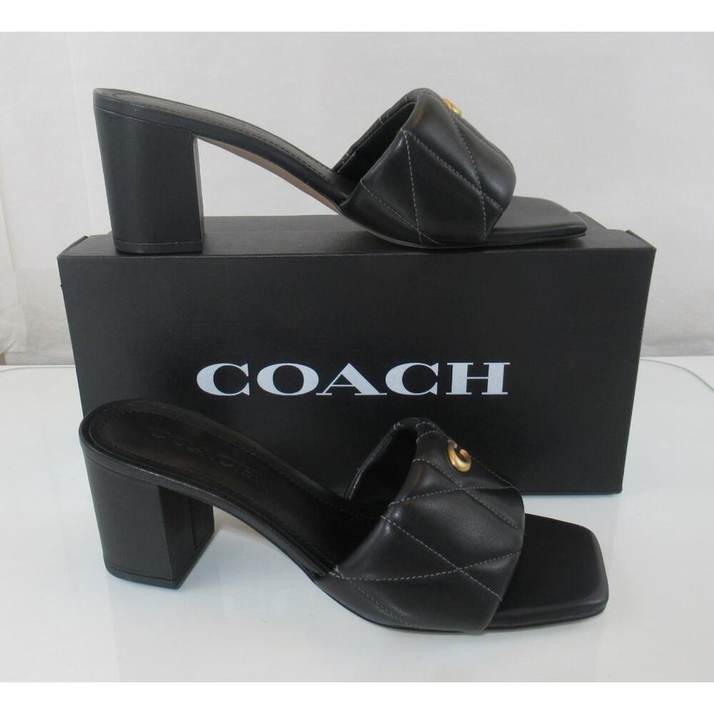 Coach Size 7.5 Holly Block Heel Dress Sandals Quilted Leather Slide Black - Picture 3 of 8